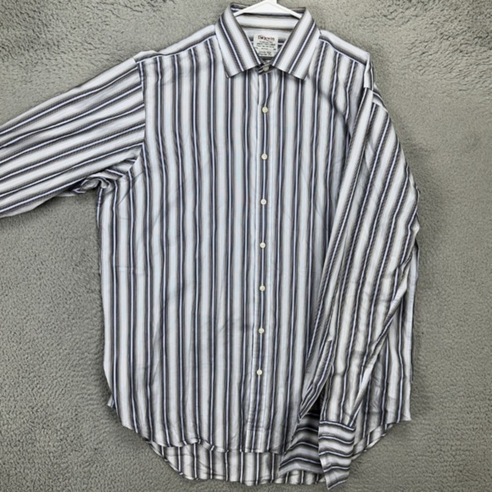 T.M. Lewin Dress Shirt Men 17.5-38 Light Blue Black Stripe Button Up Regular Fit
